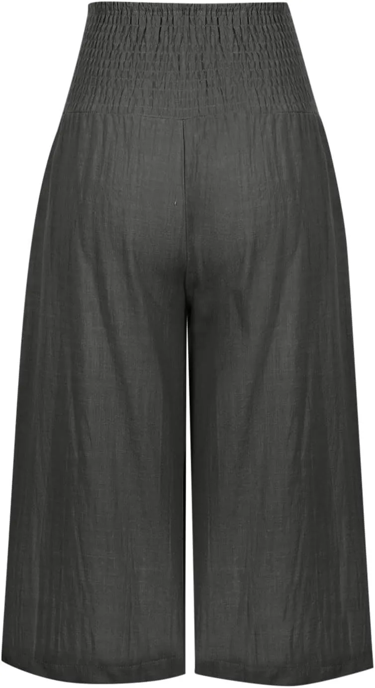 Cropped Linen Pants Women High Waisted Flare Wide Leg Capri Work Pants Business Casual Knee Length Pants with Pockets