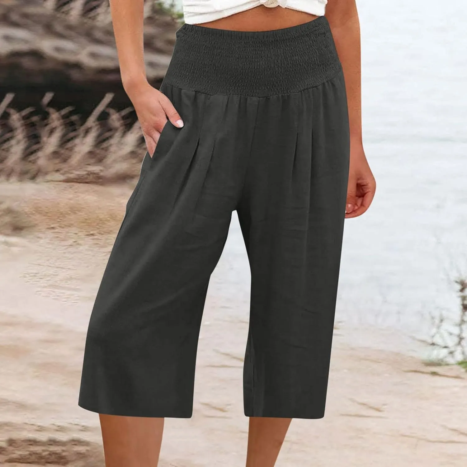 Cropped Linen Pants Women High Waisted Flare Wide Leg Capri Work Pants Business Casual Knee Length Pants with Pockets