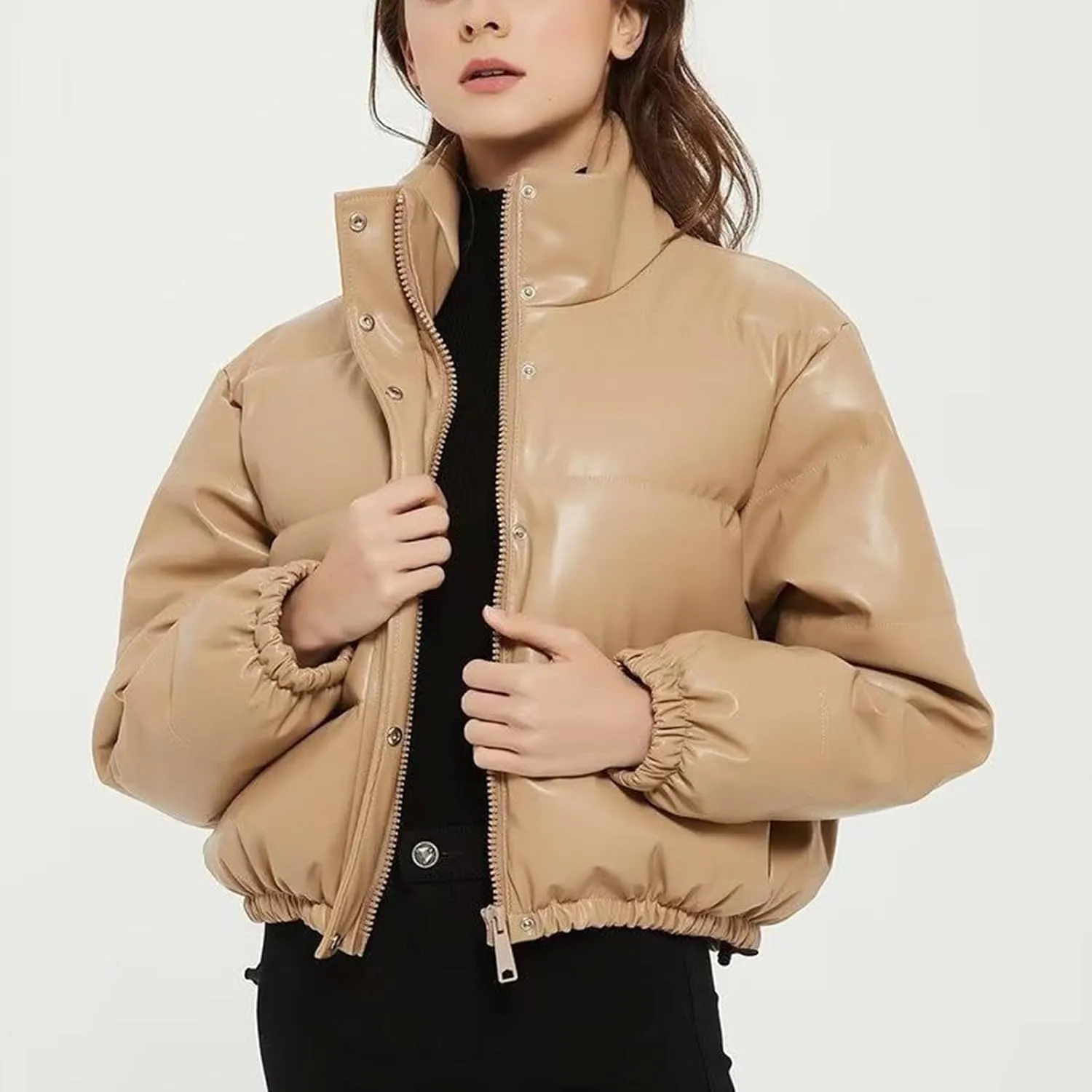 Cropped Puffer Coat For Women Trendy 2023 Quilted Stand Collar Zip Up Short Down Jackets Warm Winter Bubble Coat