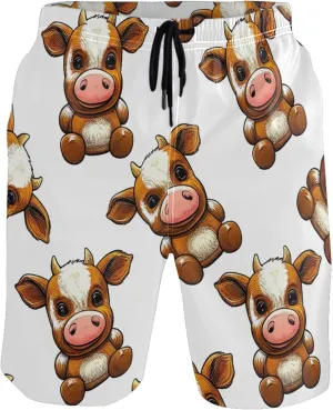Cute Cow Teddy Beach Casual Shorts Mens Swim Trunks Funny Hawaiian Elastic Quick Dry S