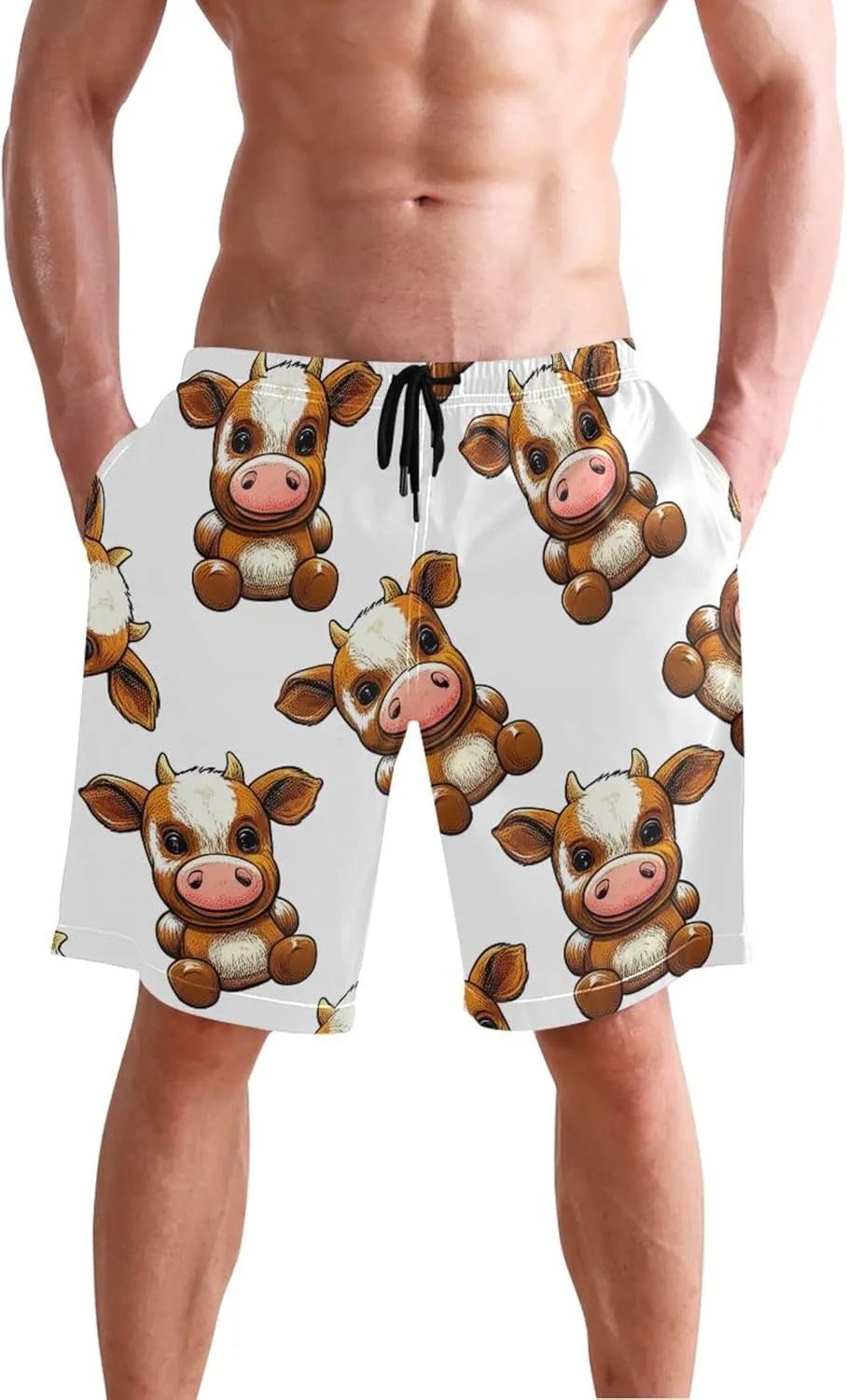 Cute Cow Teddy Beach Casual Shorts Mens Swim Trunks Funny Hawaiian Elastic Quick Dry S