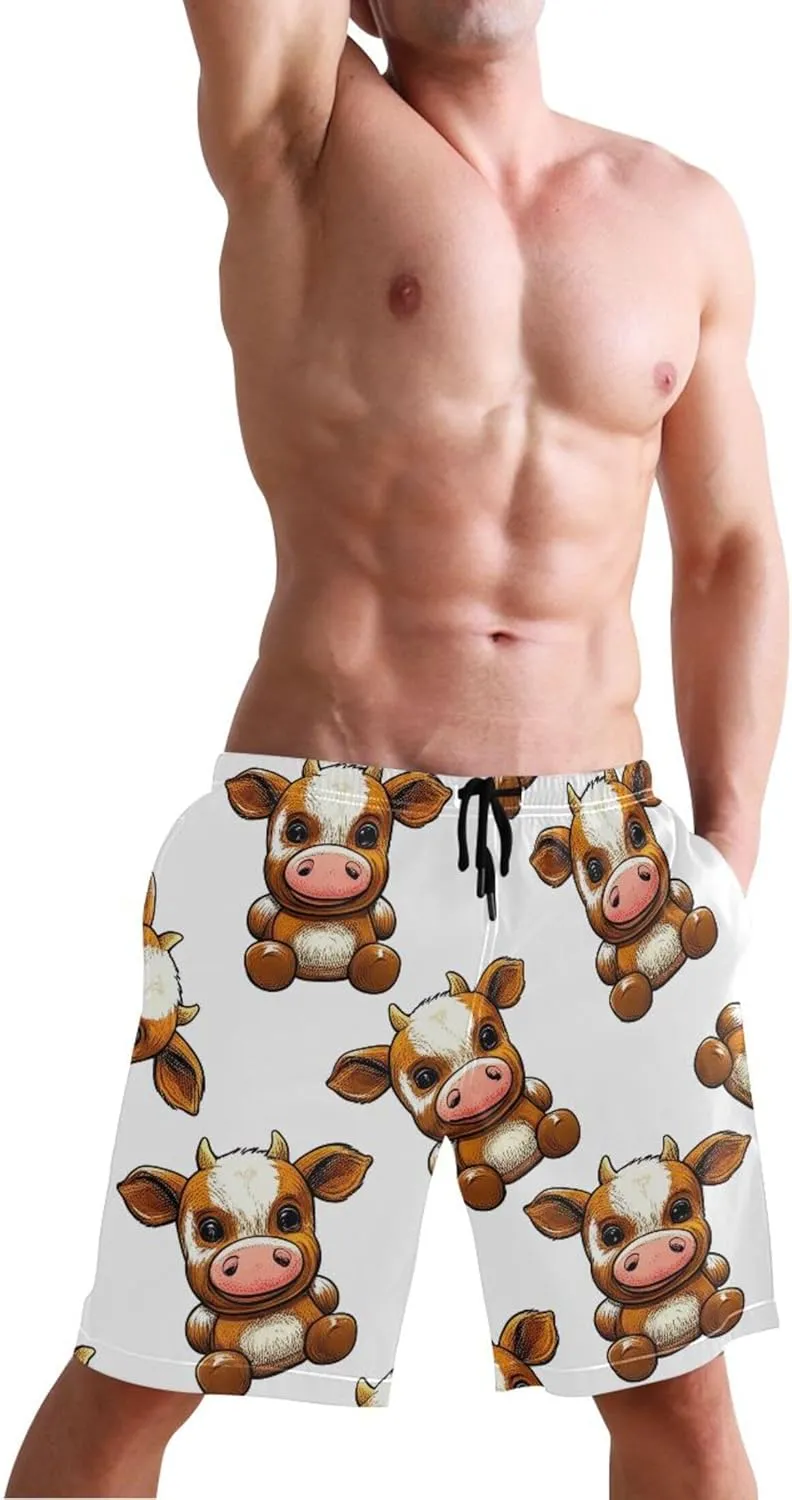 Cute Cow Teddy Beach Casual Shorts Mens Swim Trunks Funny Hawaiian Elastic Quick Dry S