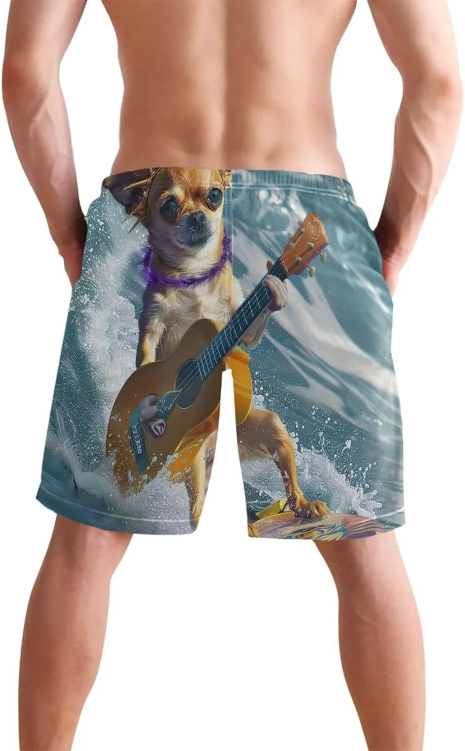 Cute Surfing Dog Guitar Swim Trunks for Men Beach Casual Shorts Vacation Drawstring Shorts S