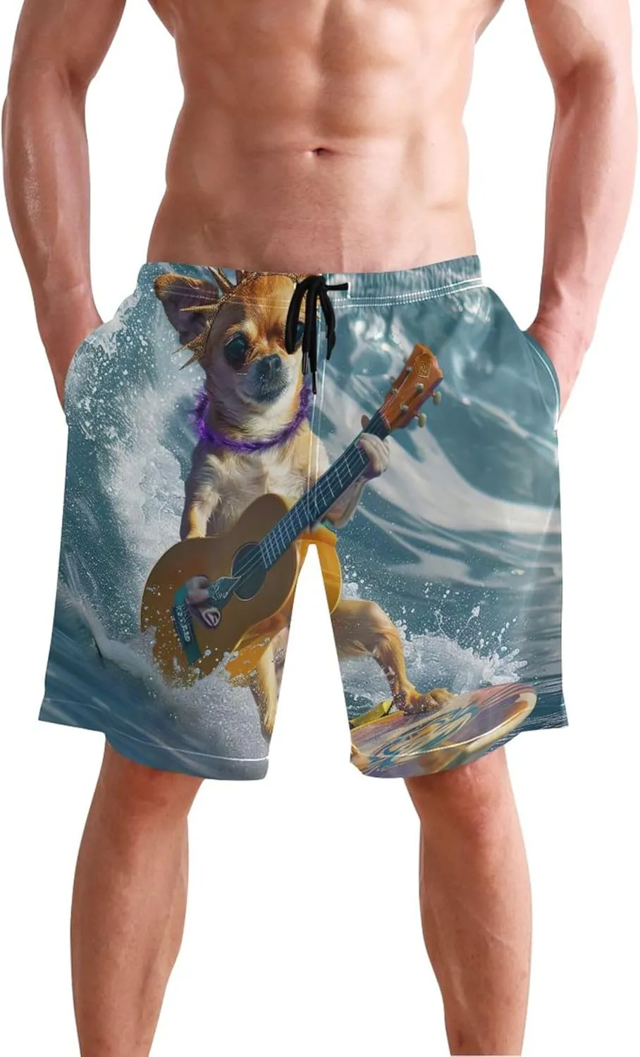 Cute Surfing Dog Guitar Swim Trunks for Men Beach Casual Shorts Vacation Drawstring Shorts S