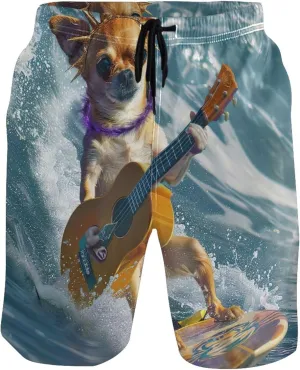 Cute Surfing Dog Guitar Swim Trunks for Men Beach Casual Shorts Vacation Drawstring Shorts S