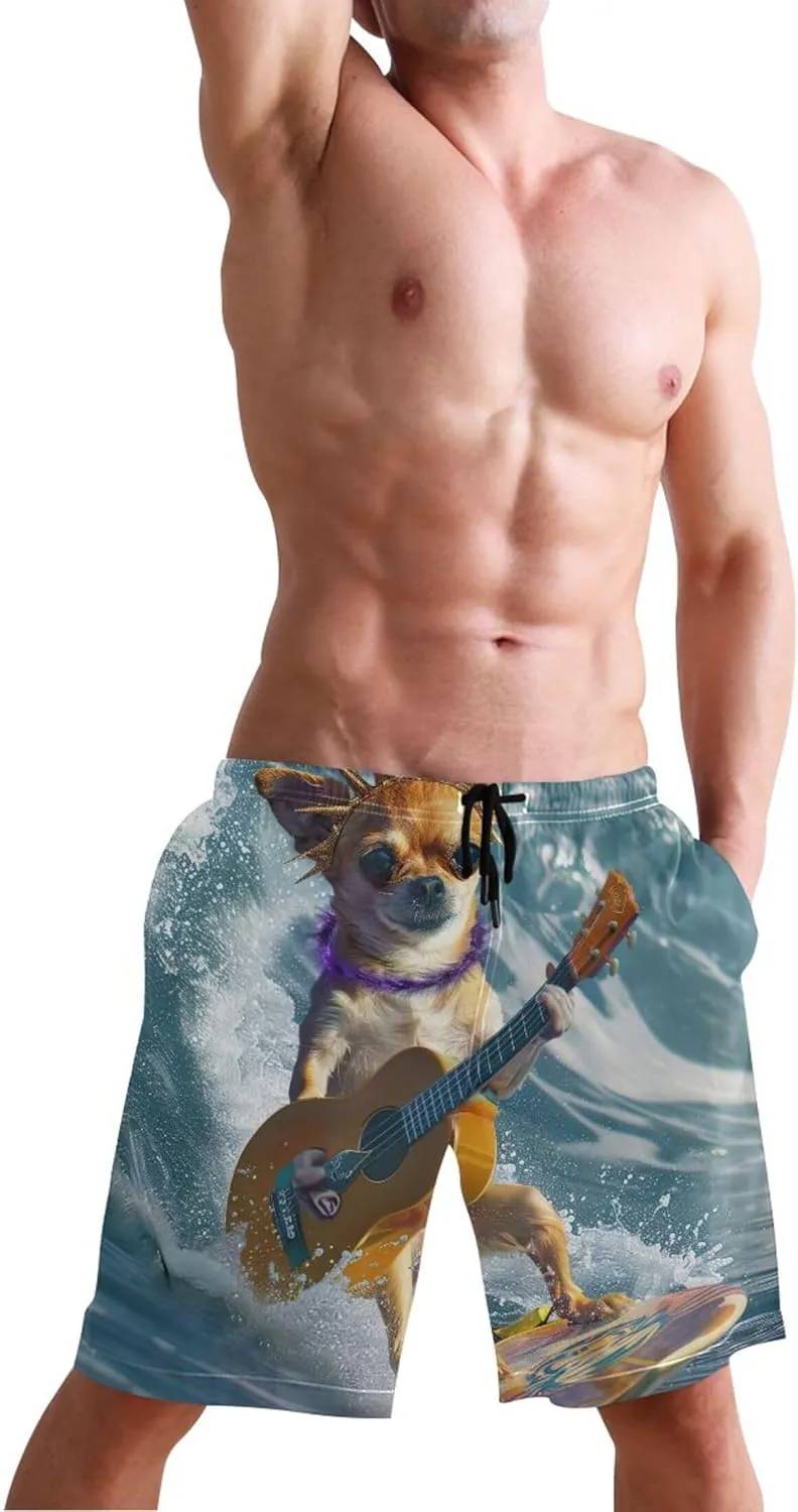 Cute Surfing Dog Guitar Swim Trunks for Men Beach Casual Shorts Vacation Drawstring Shorts S