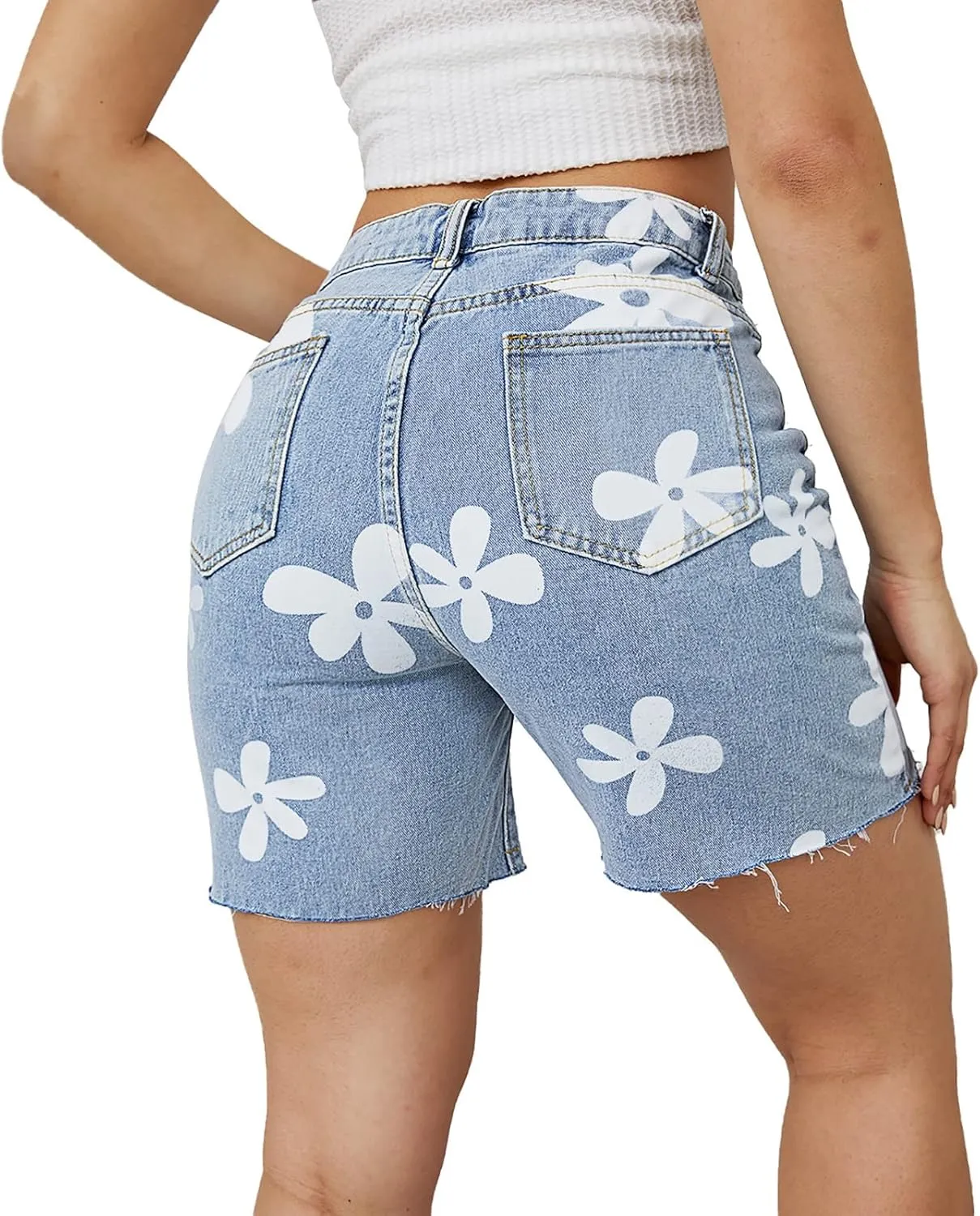 Denim Shorts for Women High Waisted Floral Print Straight Leg Raw Hem Jean Shorts