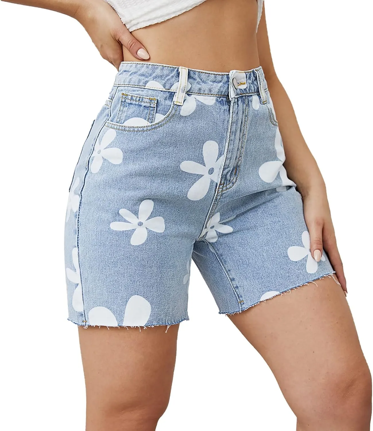 Denim Shorts for Women High Waisted Floral Print Straight Leg Raw Hem Jean Shorts
