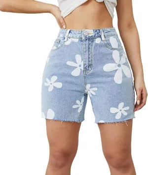 Denim Shorts for Women High Waisted Floral Print Straight Leg Raw Hem Jean Shorts