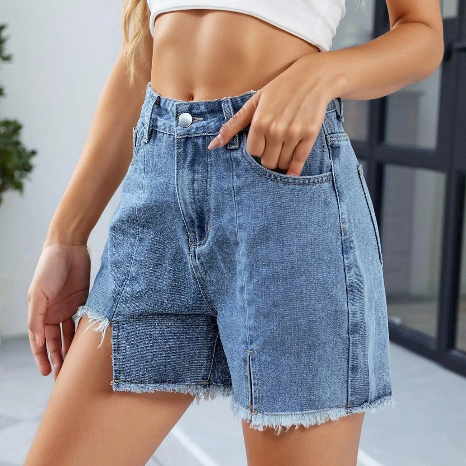 Denim Shorts Women High Waisted Stretchy Frayed Raw Hem Slit Jean Shorts with Pockets Trendy Distressed Cut Off Short