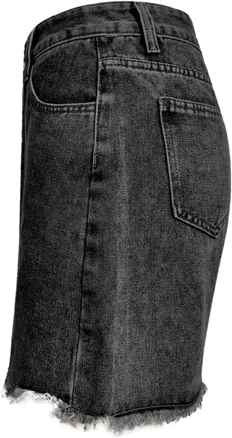 Denim Shorts Women High Waisted Stretchy Frayed Raw Hem Slit Jean Shorts with Pockets Trendy Distressed Cut Off Short