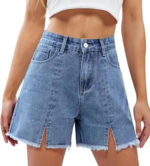 Denim Shorts Women High Waisted Stretchy Frayed Raw Hem Slit Jean Shorts with Pockets Trendy Distressed Cut Off Short