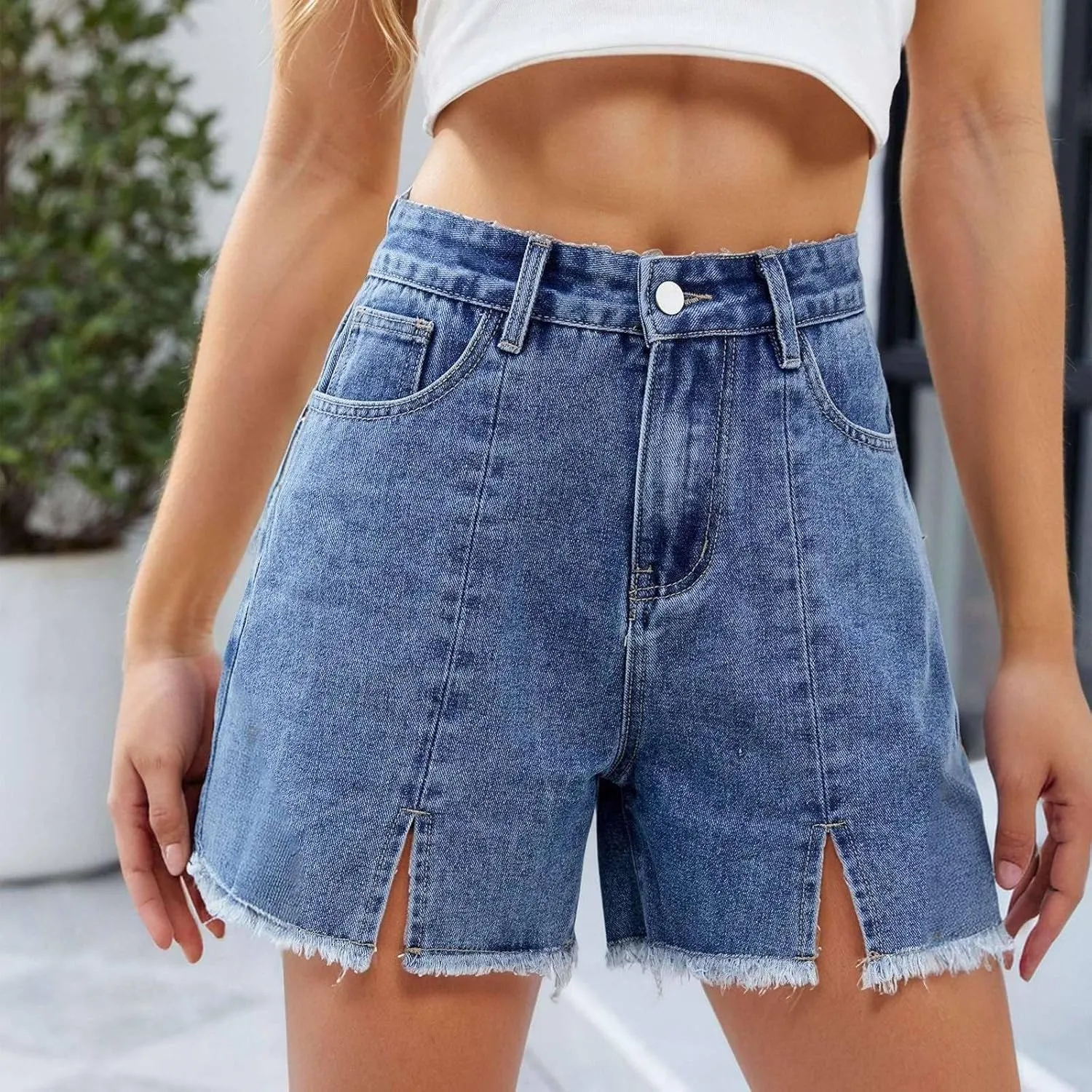Denim Shorts Women High Waisted Stretchy Frayed Raw Hem Slit Jean Shorts with Pockets Trendy Distressed Cut Off Short