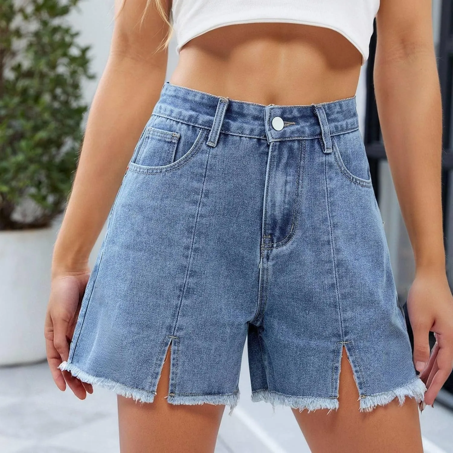 Denim Shorts Women High Waisted Stretchy Frayed Raw Hem Slit Jean Shorts with Pockets Trendy Distressed Cut Off Short