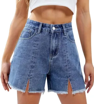 Denim Shorts Women High Waisted Stretchy Frayed Raw Hem Slit Jean Shorts with Pockets Trendy Distressed Cut Off Short
