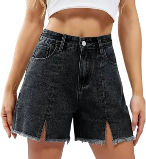 Denim Shorts Women High Waisted Stretchy Frayed Raw Hem Slit Jean Shorts with Pockets Trendy Distressed Cut Off Short