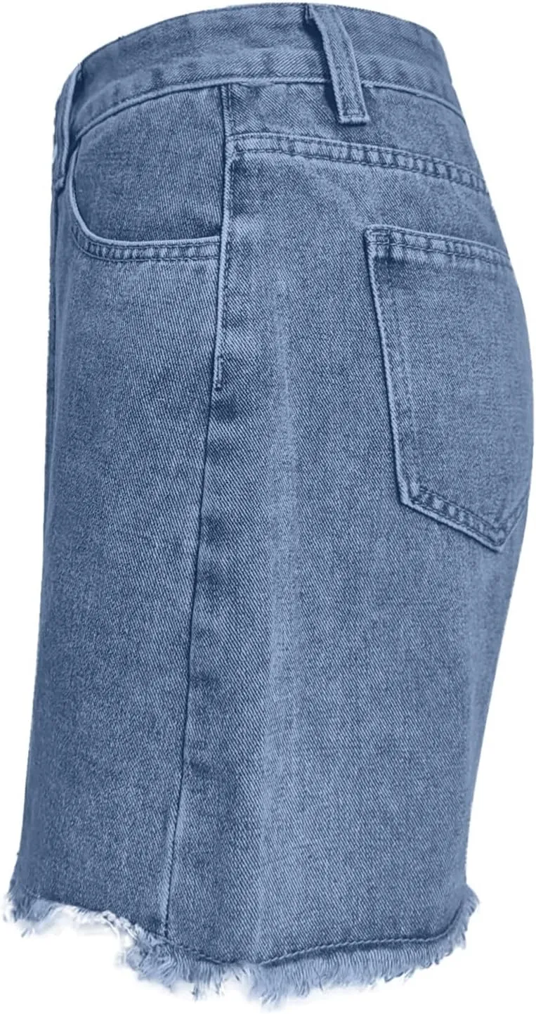 Denim Shorts Women High Waisted Stretchy Frayed Raw Hem Slit Jean Shorts with Pockets Trendy Distressed Cut Off Short