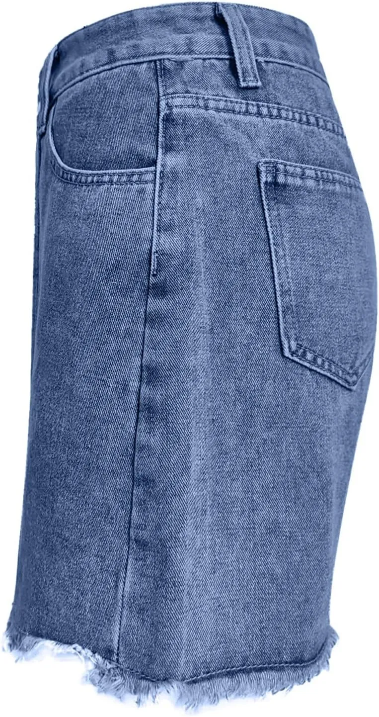 Denim Shorts Women High Waisted Stretchy Frayed Raw Hem Slit Jean Shorts with Pockets Trendy Distressed Cut Off Short