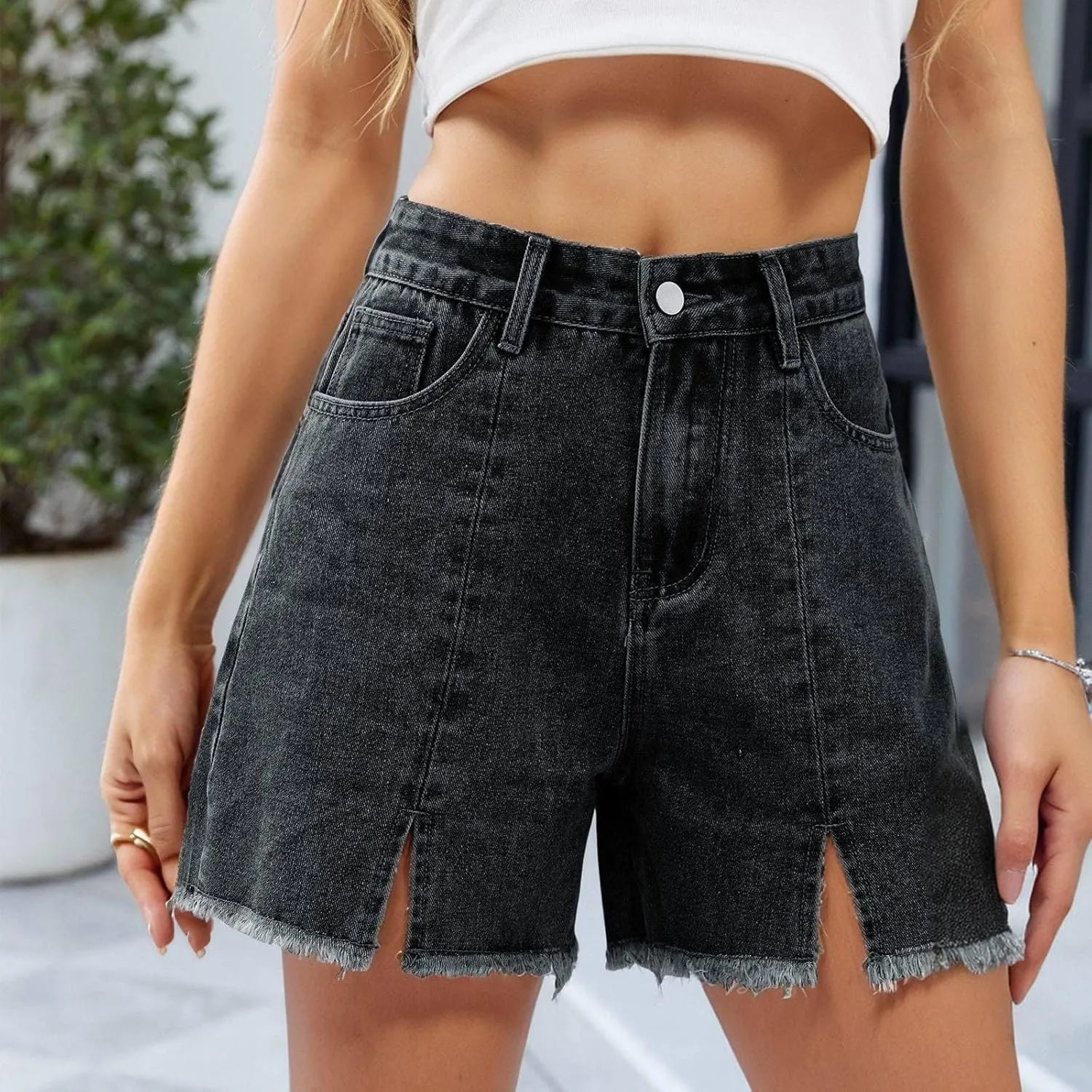 Denim Shorts Women High Waisted Stretchy Frayed Raw Hem Slit Jean Shorts with Pockets Trendy Distressed Cut Off Short