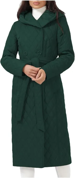 Double Breasted Long Belted Coats Women Long Sleeve Argyle Hoodies Quilted Jacket Maxi Winter Warm Down Coat Outerwear
