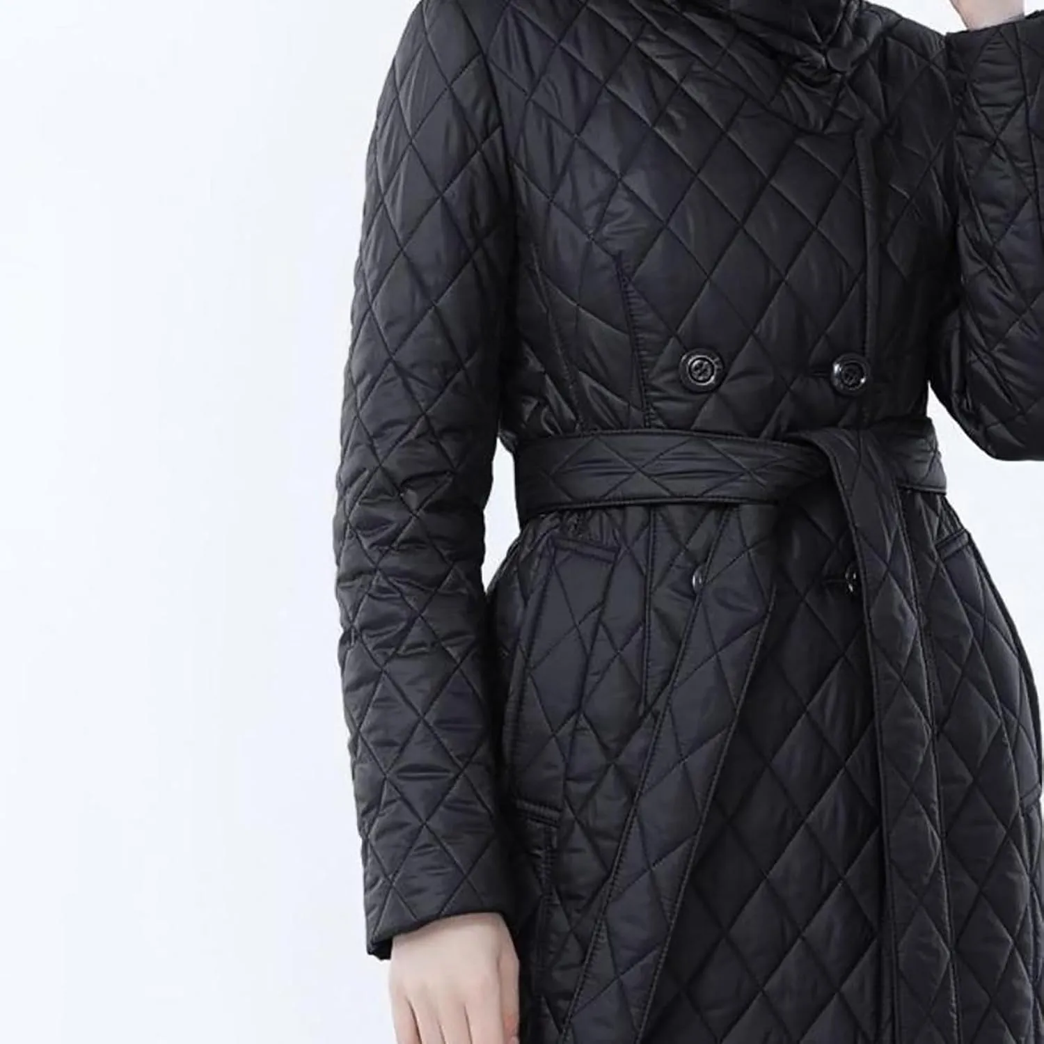 Double Breasted Long Belted Coats Women Long Sleeve Argyle Hoodies Quilted Jacket Maxi Winter Warm Down Coat Outerwear