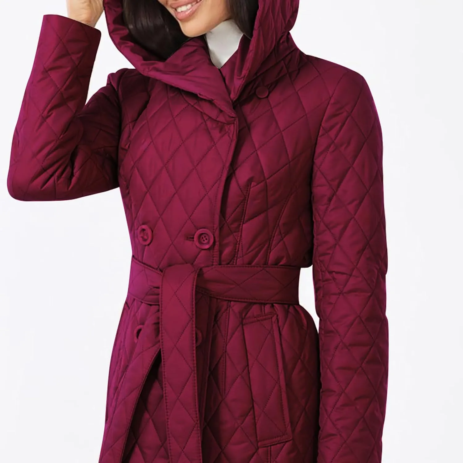 Double Breasted Long Belted Coats Women Long Sleeve Argyle Hoodies Quilted Jacket Maxi Winter Warm Down Coat Outerwear