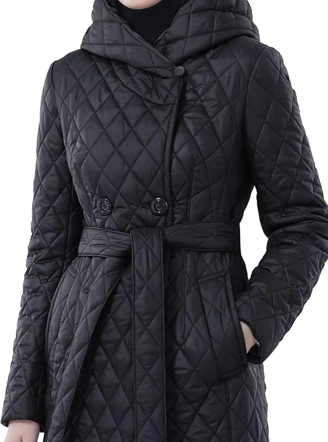 Double Breasted Long Belted Coats Women Long Sleeve Argyle Hoodies Quilted Jacket Maxi Winter Warm Down Coat Outerwear