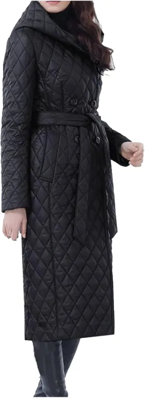 Double Breasted Long Belted Coats Women Long Sleeve Argyle Hoodies Quilted Jacket Maxi Winter Warm Down Coat Outerwear