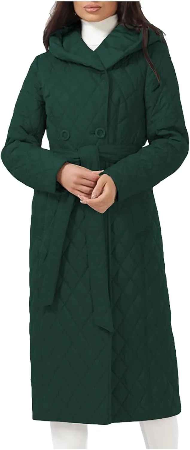 Double Breasted Long Belted Coats Women Long Sleeve Argyle Hoodies Quilted Jacket Maxi Winter Warm Down Coat Outerwear