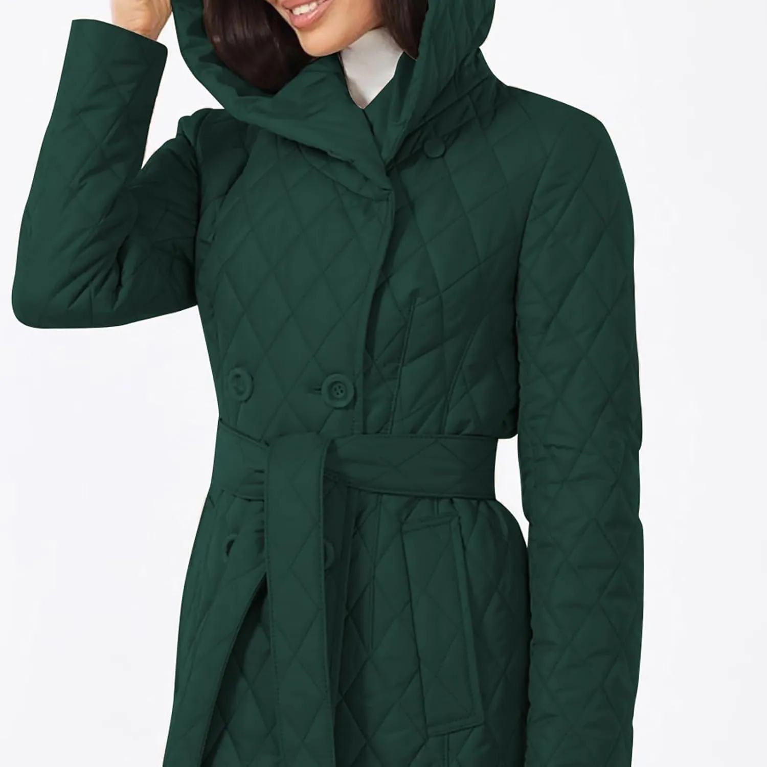 Double Breasted Long Belted Coats Women Long Sleeve Argyle Hoodies Quilted Jacket Maxi Winter Warm Down Coat Outerwear
