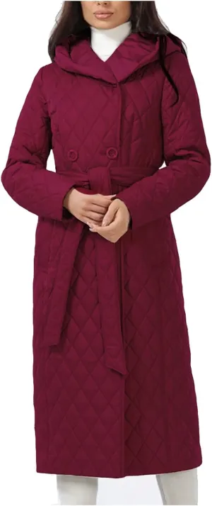 Double Breasted Long Belted Coats Women Long Sleeve Argyle Hoodies Quilted Jacket Maxi Winter Warm Down Coat Outerwear