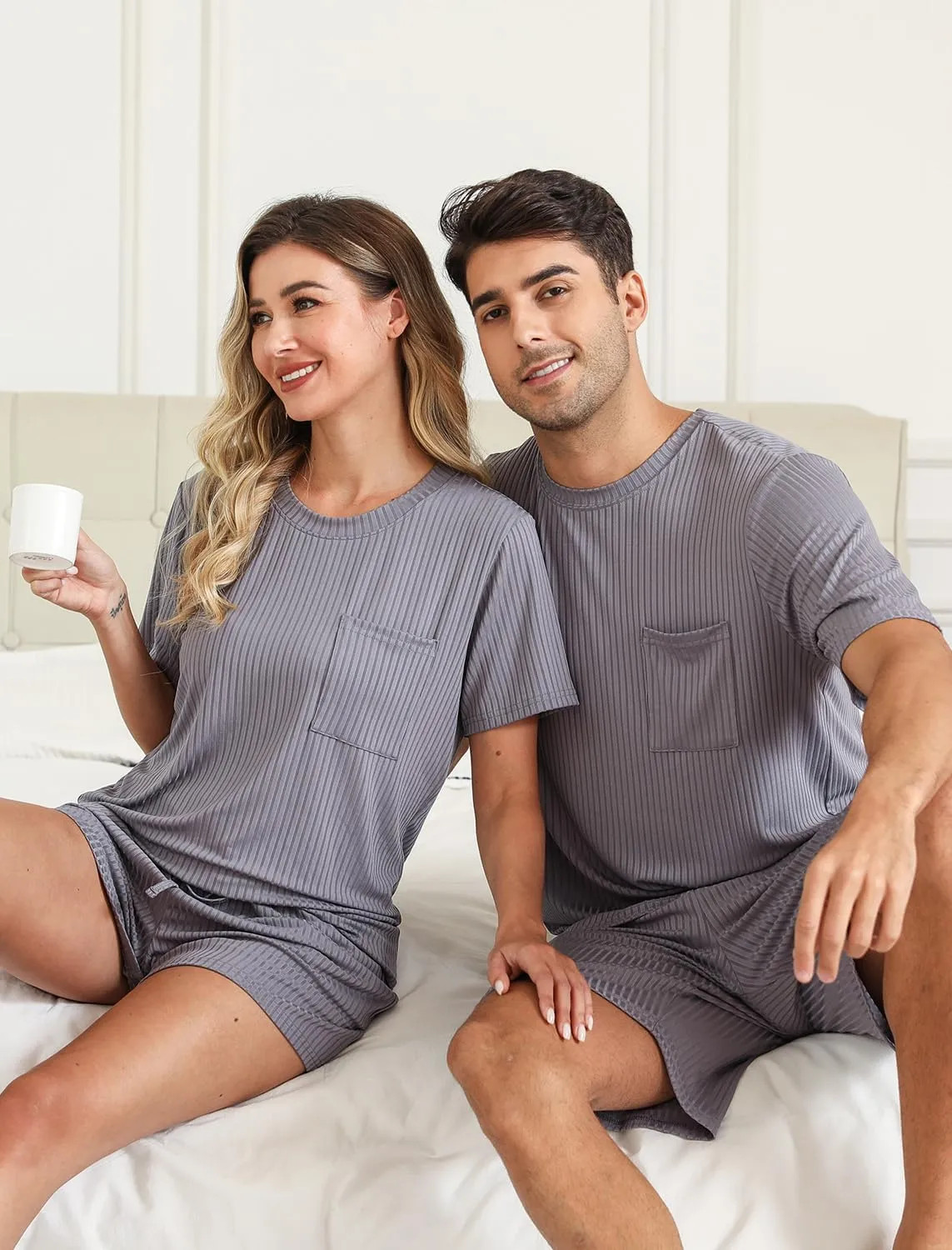 EISHOPEER Matching Pajamas for Couples 2 Piece Lounge Set Ribbed Knit Pajama Matching Tops and Shorts Soft Sleepwear S-XXL
