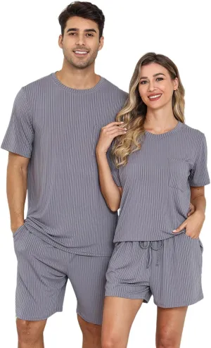 EISHOPEER Matching Pajamas for Couples 2 Piece Lounge Set Ribbed Knit Pajama Matching Tops and Shorts Soft Sleepwear S-XXL