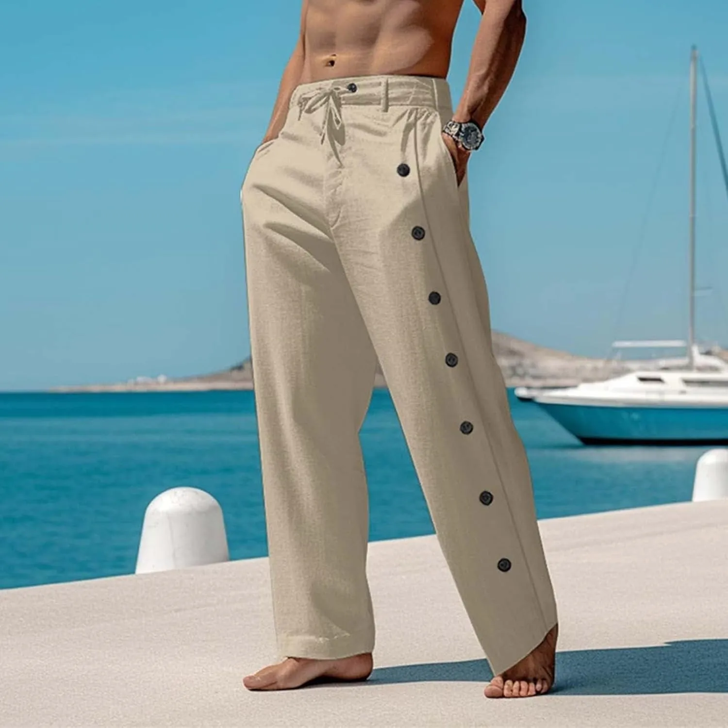 evzosrz Casual Linen Pants for Mens Button Lightweight Drawstring Loose Fit Pant Elastic Waist Beach Yoga Solid Trousers