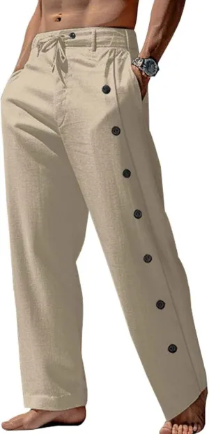 evzosrz Casual Linen Pants for Mens Button Lightweight Drawstring Loose Fit Pant Elastic Waist Beach Yoga Solid Trousers