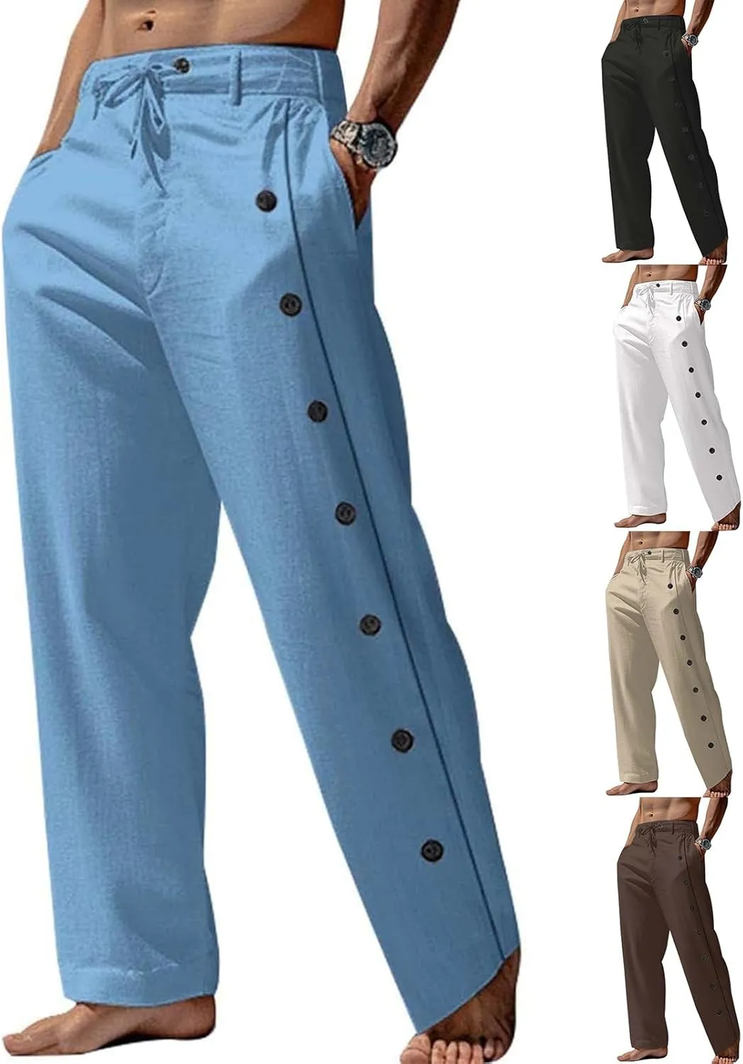 evzosrz Casual Linen Pants for Mens Button Lightweight Drawstring Loose Fit Pant Elastic Waist Beach Yoga Solid Trousers