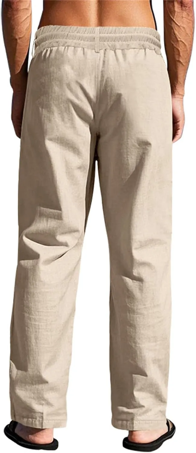 evzosrz Mens Baggy Linen Pants Casual Button Drawstring Elastic Waist Sweatpants Lightweight Summer Loose Fit Jogger Trousers