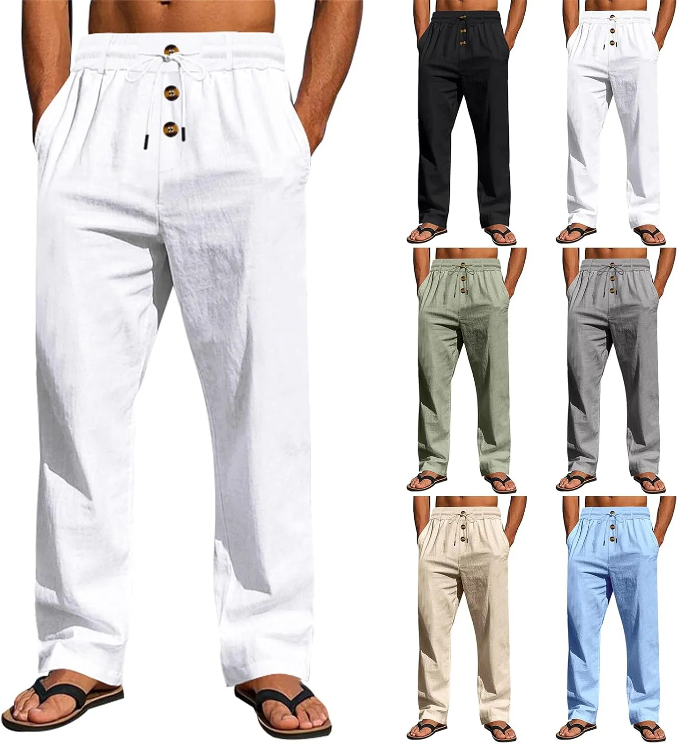 evzosrz Mens Baggy Linen Pants Casual Button Drawstring Elastic Waist Sweatpants Lightweight Summer Loose Fit Jogger Trousers