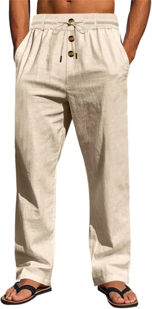 evzosrz Mens Baggy Linen Pants Casual Button Drawstring Elastic Waist Sweatpants Lightweight Summer Loose Fit Jogger Trousers