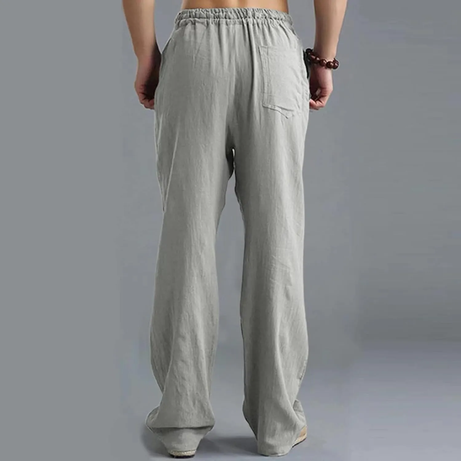 evzosrz Mens Casual Linen Pants Loose Fit Lightweight Drawstring Elastic Waist Solid Pant Yoga Beach Straight-Legs Trousers