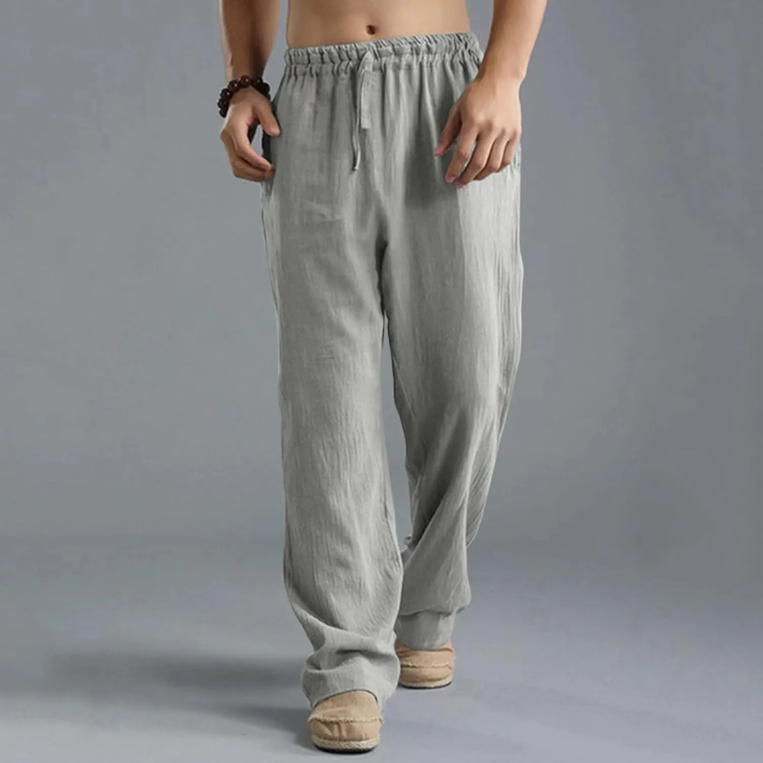 evzosrz Mens Casual Linen Pants Loose Fit Lightweight Drawstring Elastic Waist Solid Pant Yoga Beach Straight-Legs Trousers