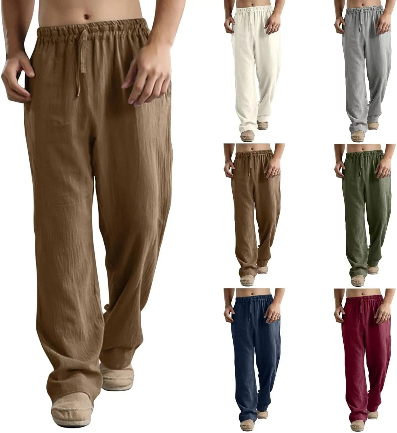 evzosrz Mens Casual Linen Pants Loose Fit Lightweight Drawstring Elastic Waist Solid Pant Yoga Beach Straight-Legs Trousers
