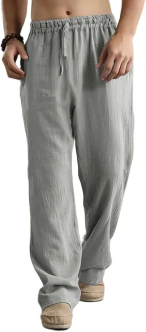 evzosrz Mens Casual Linen Pants Loose Fit Lightweight Drawstring Elastic Waist Solid Pant Yoga Beach Straight-Legs Trousers
