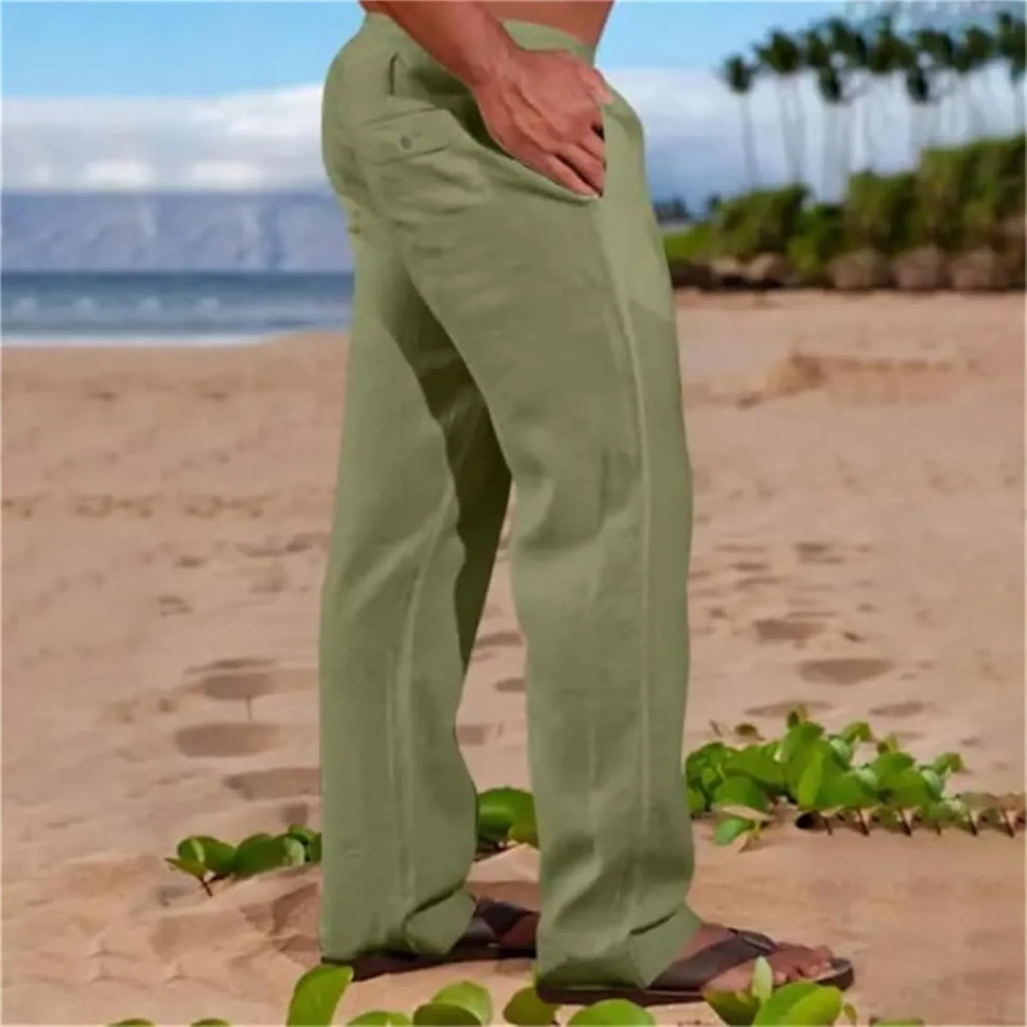 evzosrz Mens Casual Pants Loose Fit Elastic Waist Lightweight Drawstring Straight Pant Beach Yoga Fall Solid Trousers