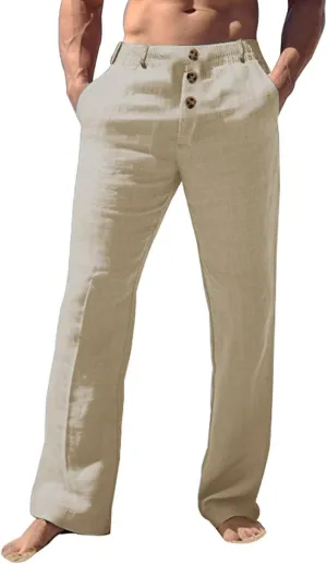 evzosrz Mens Linen Casual Pants Elastic Waist Lightweight Drawstring Button Decoration Yoga Beach Loose Fit Trousers
