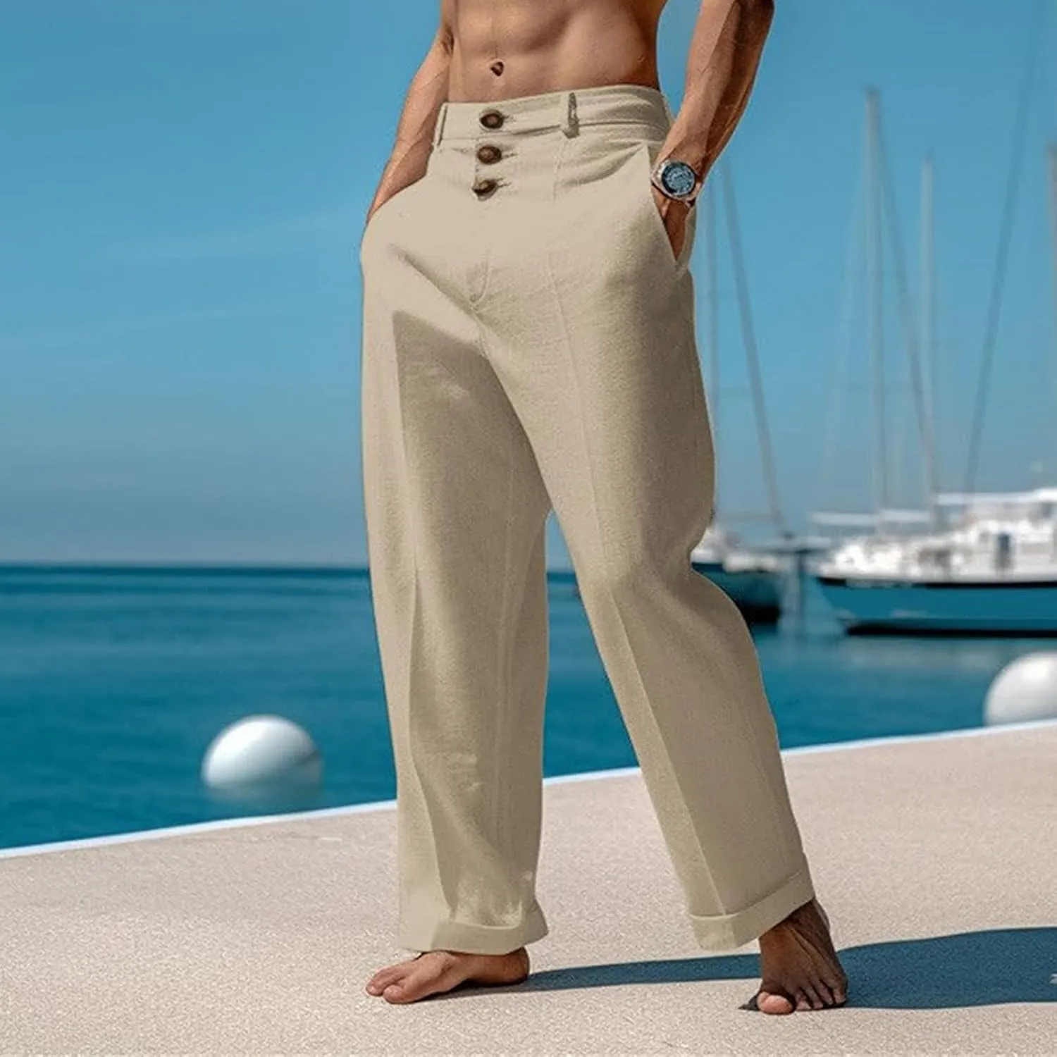 evzosrz Mens Linen Casual Pants Elastic Waist Lightweight Drawstring Button Decoration Yoga Beach Loose Fit Trousers