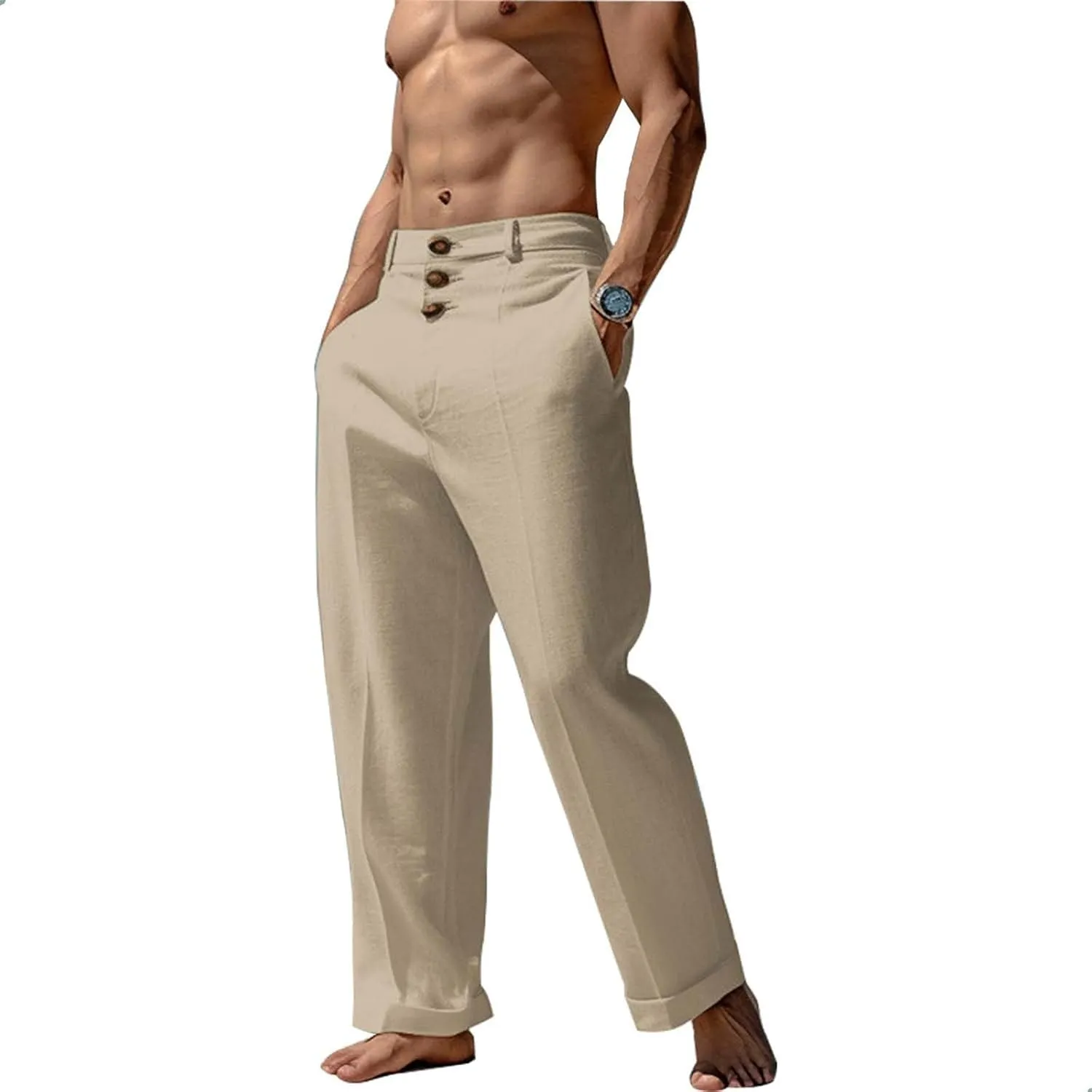 evzosrz Mens Linen Casual Pants Elastic Waist Lightweight Drawstring Button Decoration Yoga Beach Loose Fit Trousers