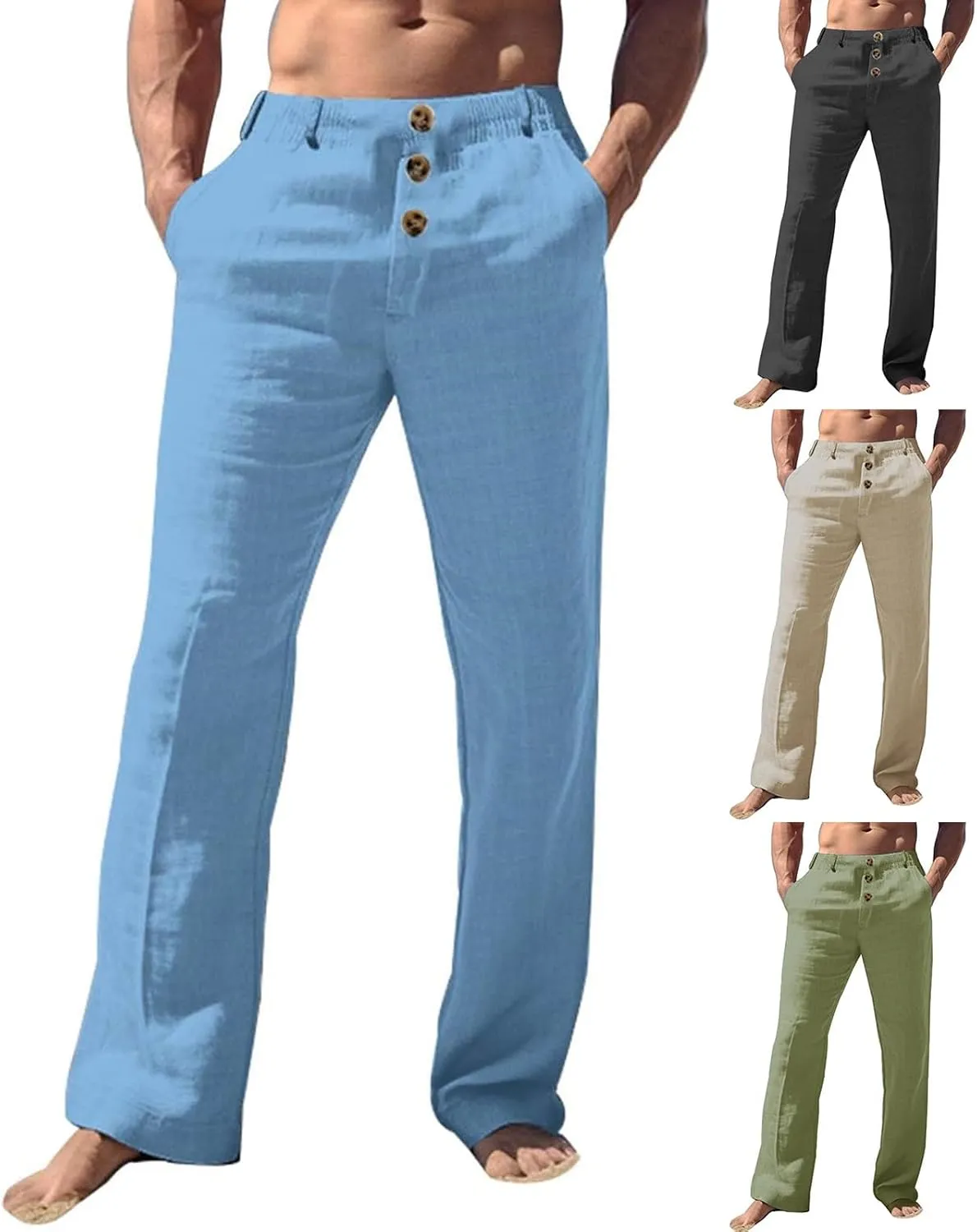 evzosrz Mens Linen Casual Pants Elastic Waist Lightweight Drawstring Button Decoration Yoga Beach Loose Fit Trousers