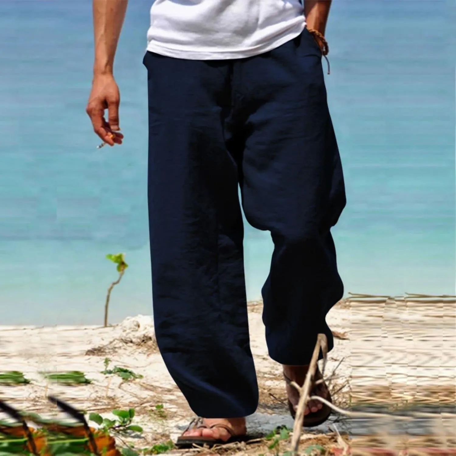 evzosrz Mens Linen Casual Pants Fall Loose Fit Slacks Elastic Waist Trousers Wide Leg Joggers Yoga Beach Pants for Men