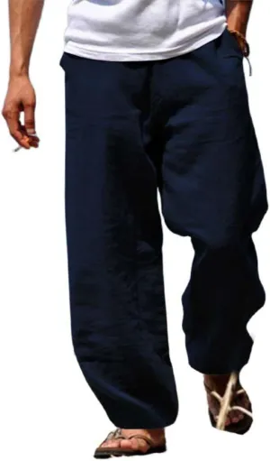 evzosrz Mens Linen Casual Pants Fall Loose Fit Slacks Elastic Waist Trousers Wide Leg Joggers Yoga Beach Pants for Men